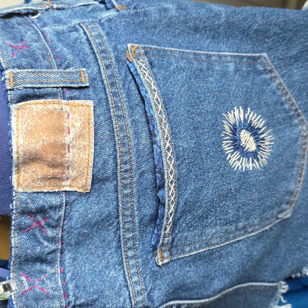 Upcycled Red and Blue Tiered Distressed Midi Blue Jean Skirt - Picture 7 of 12